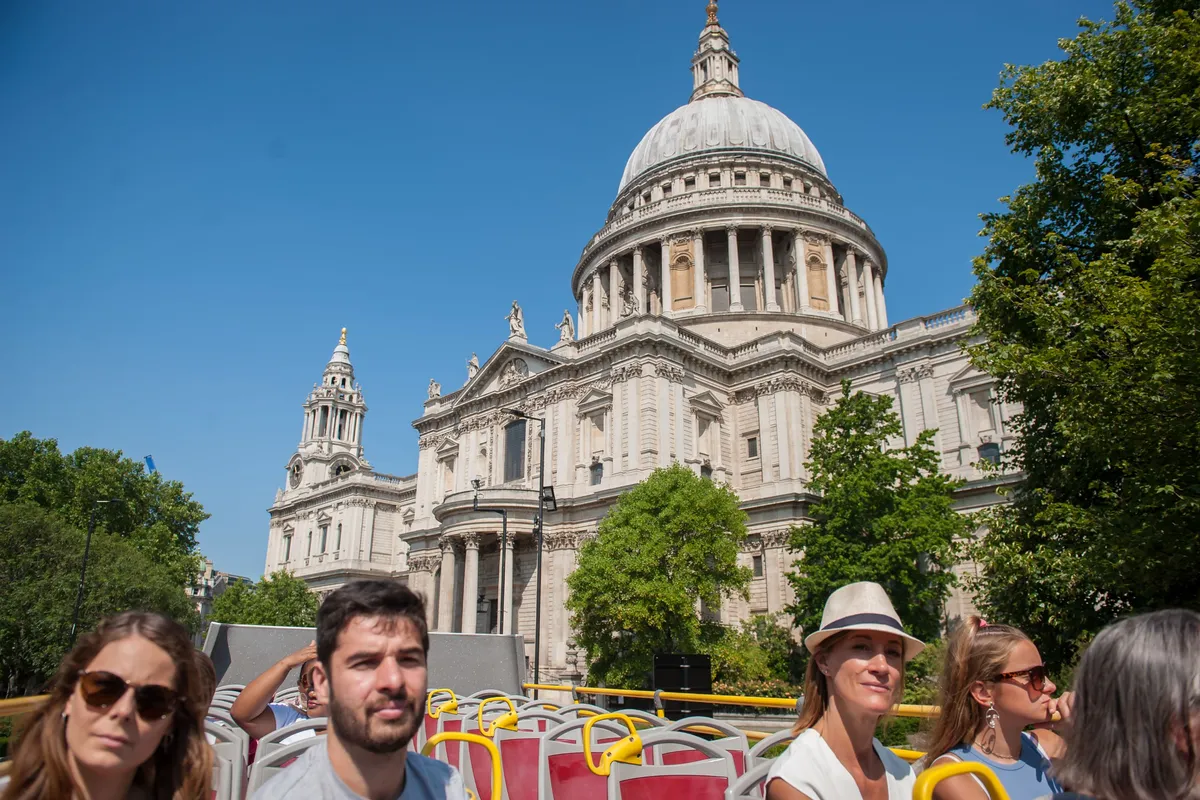 Marvel at the majestic St. Paul's Cathedral as you embark on the hop-on, hop-off bus tour