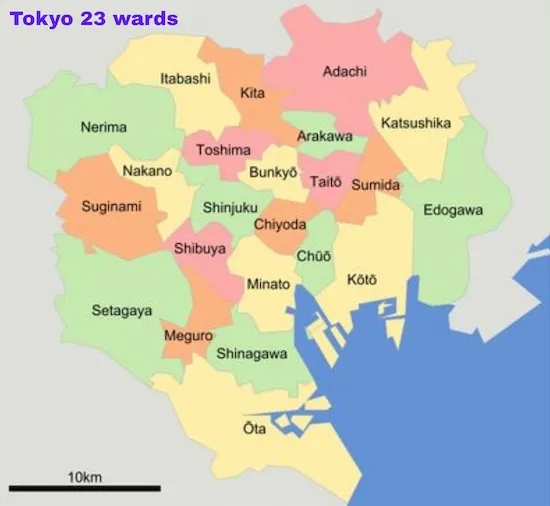 Karte der 23 Bezirke Tokios