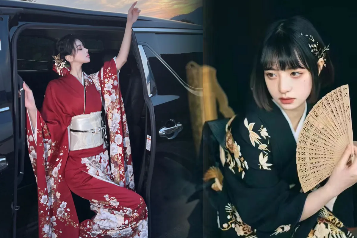 Seiden-Furisode-Kimono (¥22.000 Furisode-Kimono im Geschäft): Ein prächtigerer Furisode-Kimono aus Seide mit Blattgold und Mustern mit unterschiedlichen Bedeutungen und aufwendigen Farbschemata.