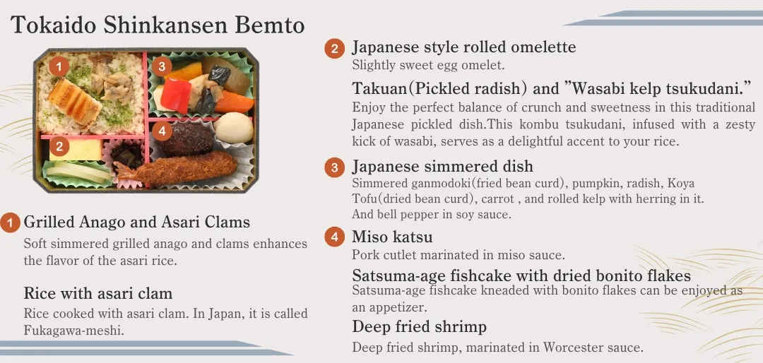 Eine geschmackvolle Reise mit lokalen Häppchen entlang der Strecke, wie Miso-Katsu, gegrilltem Aal und herzhaftem Reis mit Muscheln.