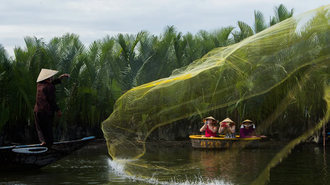 Obtén una visión de la vida diaria local y presencia diversas actuaciones de pescadores vietnamitas en el Bosque de Cocoteros de Cam Thanh