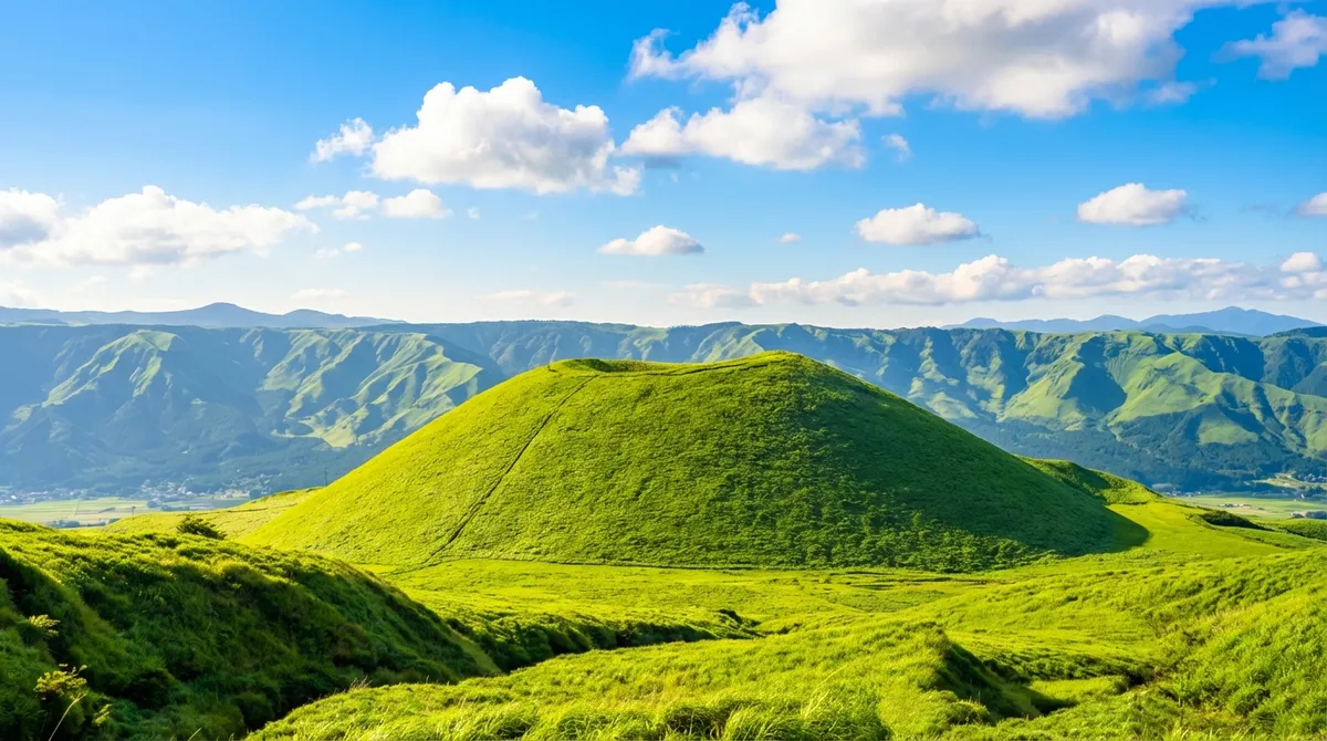 Ein wichtiges Bild des Berges Aso ist der Komezuka. Dieser Berg, etwa 50 Meter hoch, hat die Form einer umgedrehten Reisschale und ist im Frühling und Sommer üppig grün, was eine wunderschöne Naturlandschaft bildet.