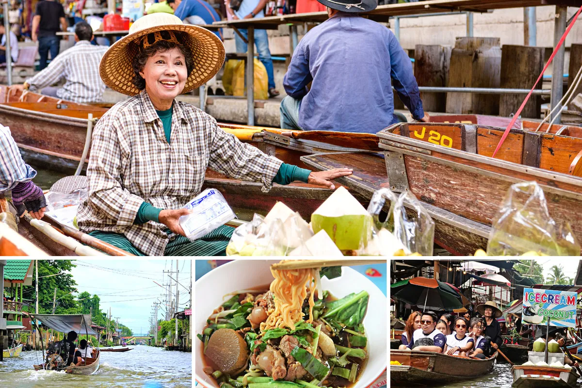 Shopping on the boat and tasting Thai food in the floating market.