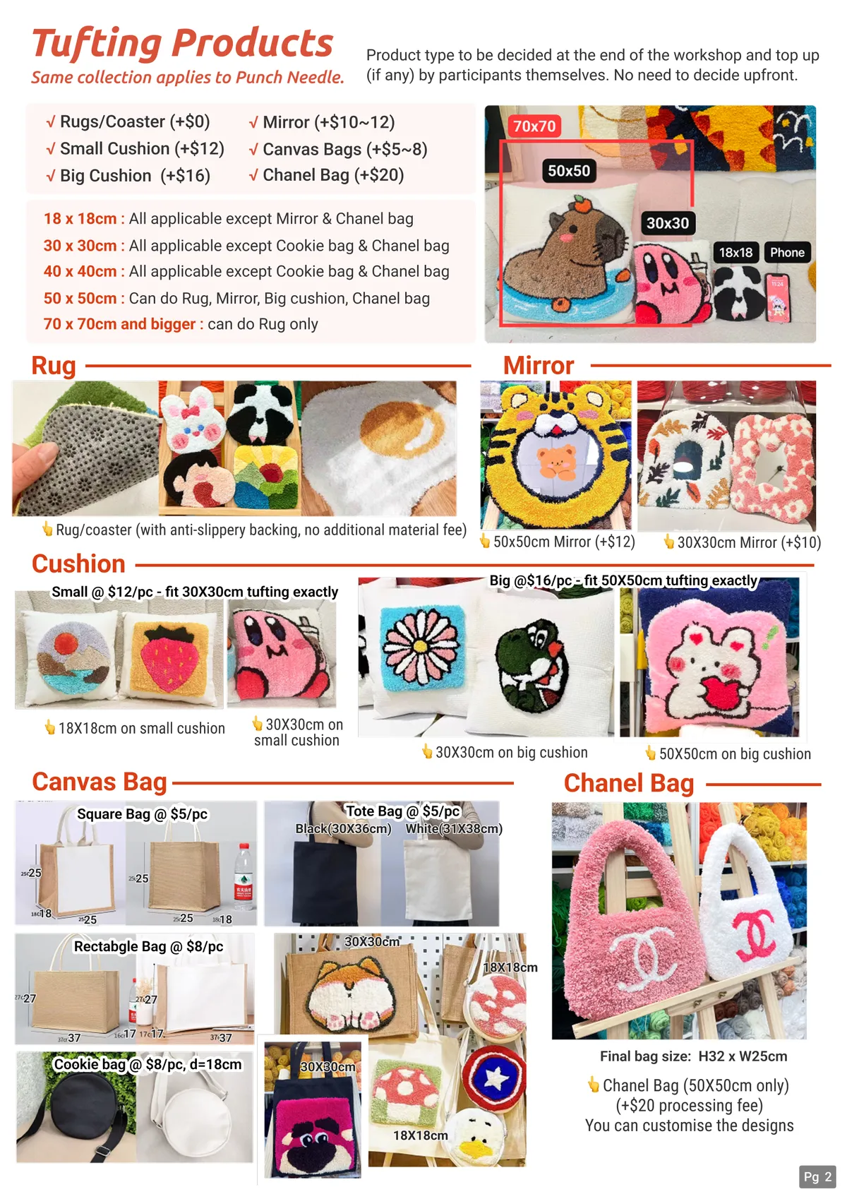 Größentabelle + Eine Zusammenfassung der herstellbaren Tufting-Produkte (Spiegel & Chanel-Tasche müssen vorab entschieden werden, da dies das Design beeinflusst; der Rest kann vor Ort entschieden und aufgezahlt werden)