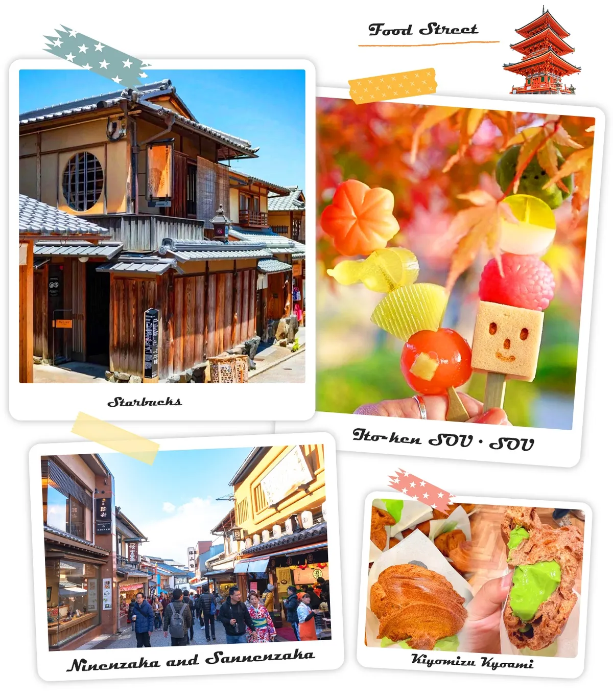 Die Snackstraßen Ninenzaka und Sannenzaka am Fuße des Kiyomizu-dera Tempels, gefüllt mit traditionellen japanischen Geschäften und authentischen Köstlichkeiten, sind ein Paradies zum Bummeln und Essen🍡
