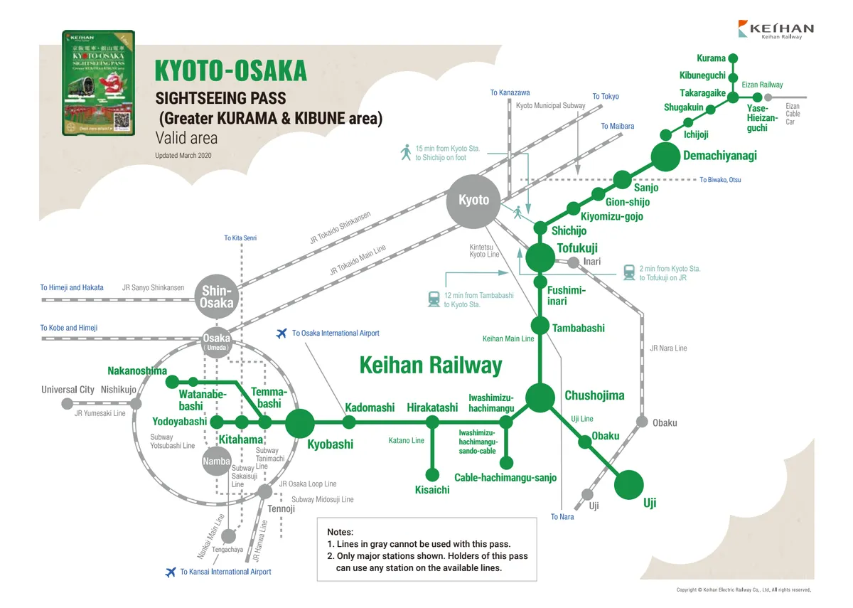 Carte de la zone de validité du pass touristique Kyoto-Osaka - Grande région de Kurama & Kibune