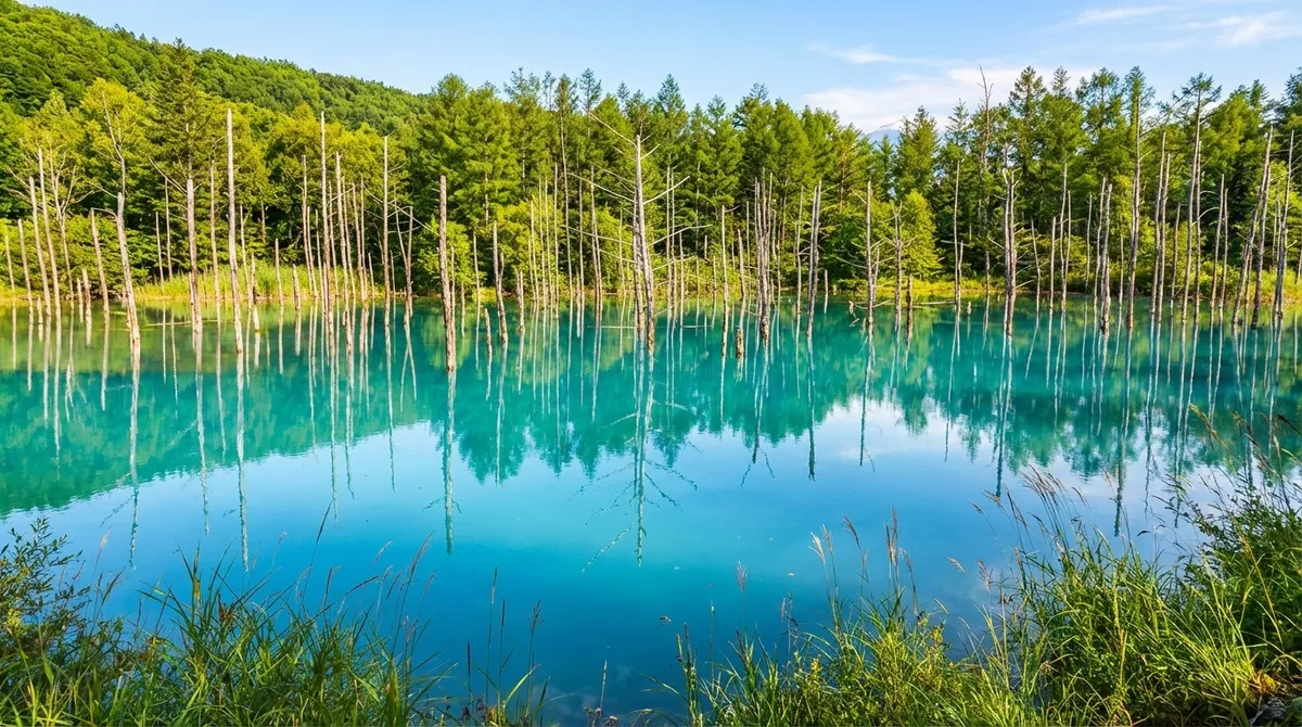 Der Shirogane Blue Pond entstand durch das Aufstauen von Wasser nach einem Vulkanausbruch, und sein Aluminiumgehalt verleiht dem See eine einzigartige blaue Farbe. Im Winter frieren Teile des Sees zu, doch ein hellblauer Glanz scheint immer noch durch, ergänzt durch die verdorrten Bäume im Teich.