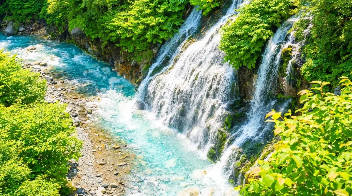 Der Shirahige-Wasserfall befindet sich in der Stadt Biei und ist nach dem Grundwasser benannt, das zwischen den Felswänden hervorsprudelt. Der Wasserstrom gefriert das ganze Jahr über nicht und ist im Winter besonders spektakulär.